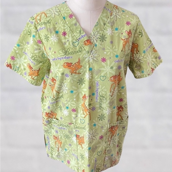 Disney Tops - ♦️ Disney Small Bright Green Bambi V Neck Short Sleeve Scrub Top